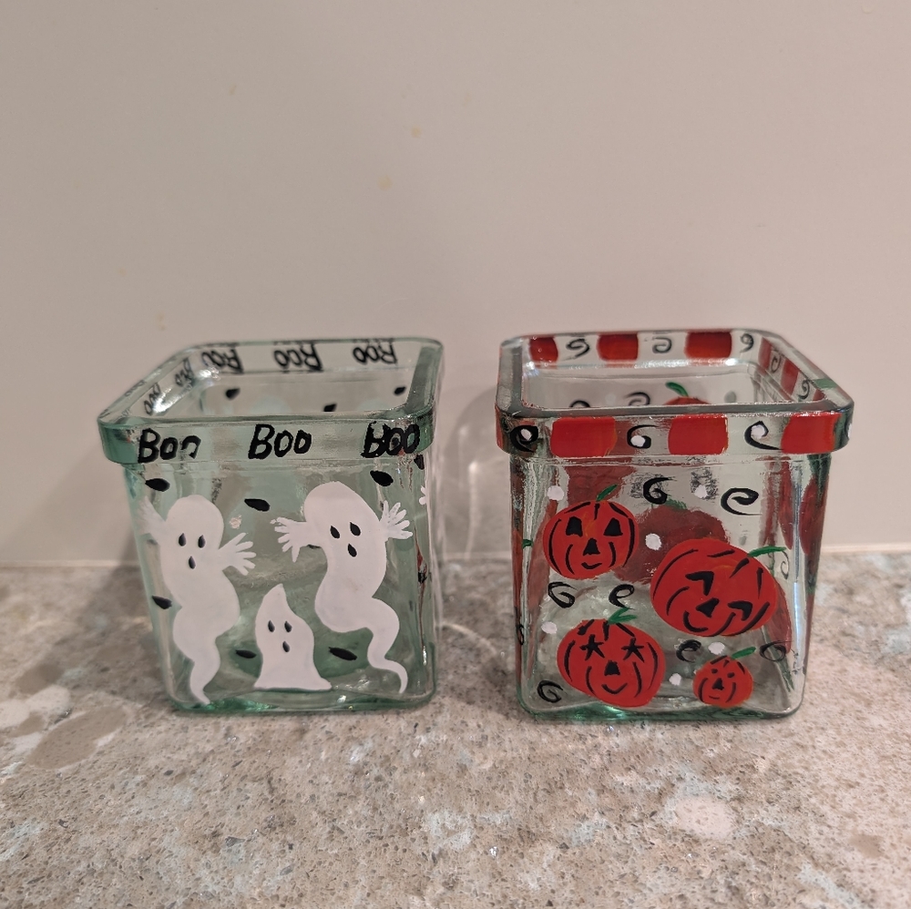 Lot of 2 Vintage Hand painted Glass Halloween Candle Holder Pumpkin & Ghost
